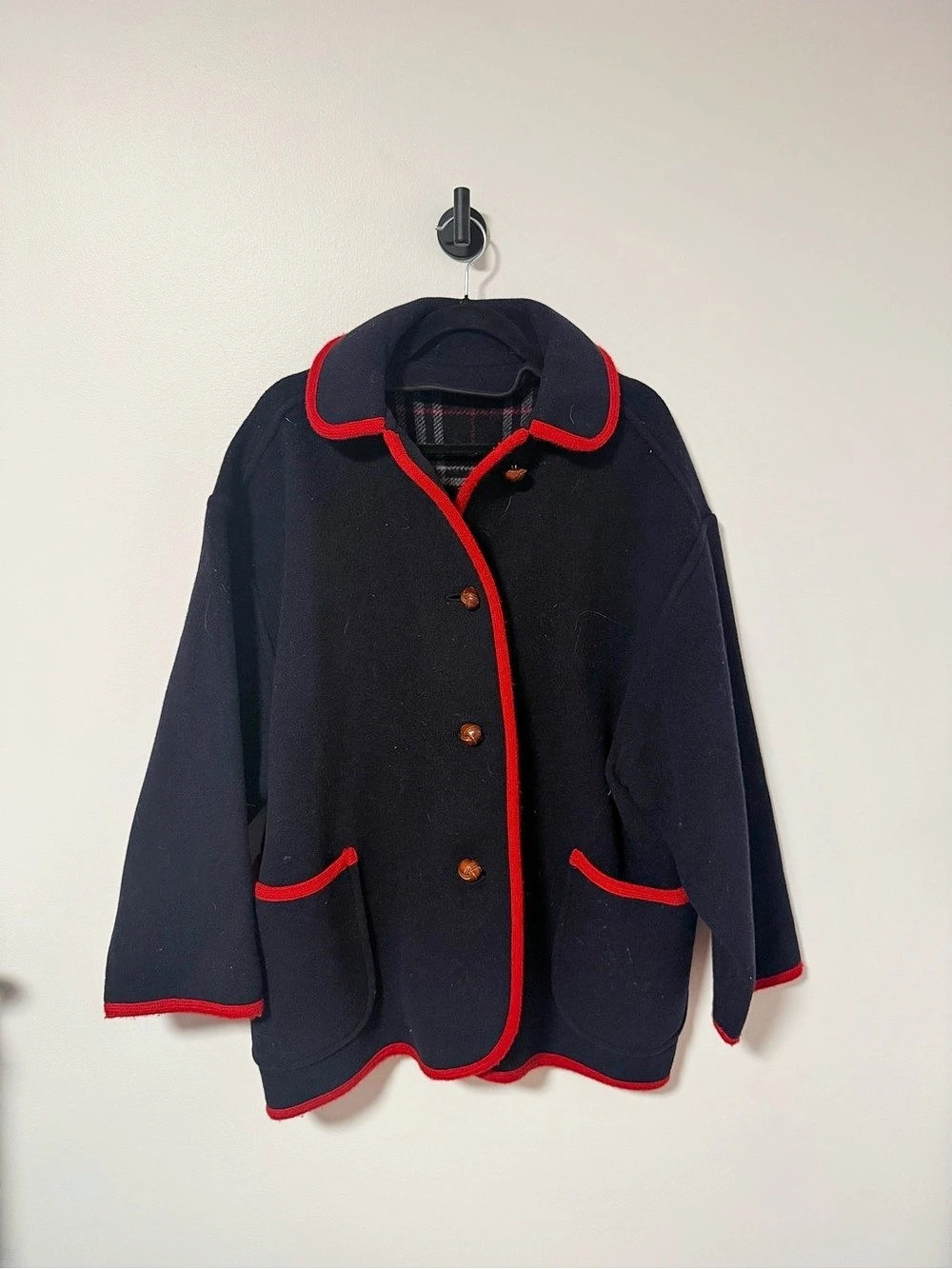 Burberrys Pea Coat Plaid Lining in Black & Red